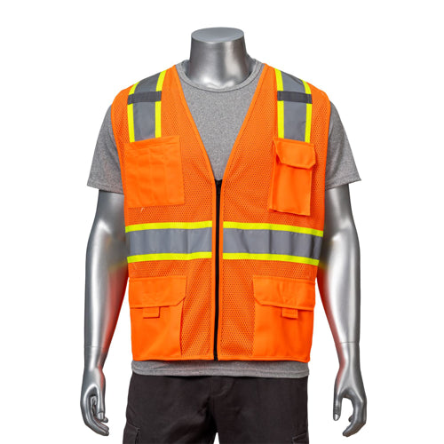 Class 2 Reflective Safety Vest With 4 Pocket & Dual Mic Tabs | Front side | Safety orange